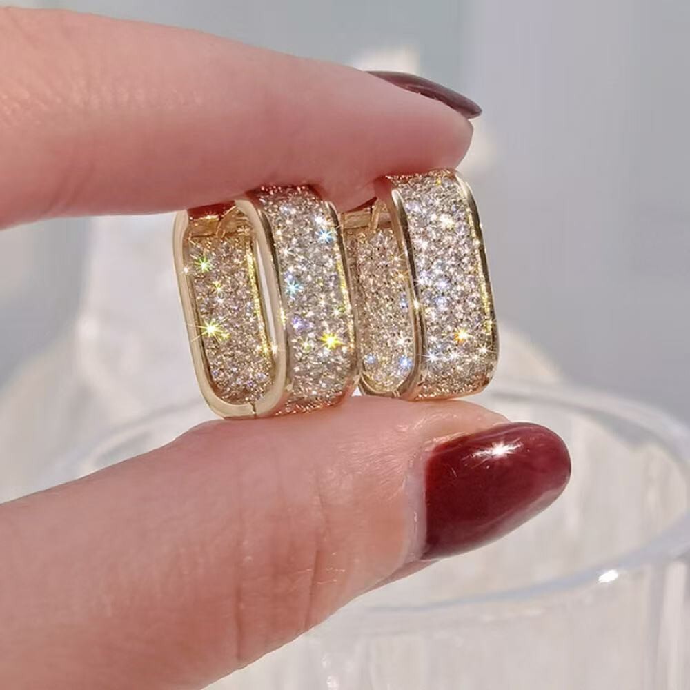 3 Colors Womens 14K Gold Plated Sparkling Iced CZ Hoop Huggie Earrings