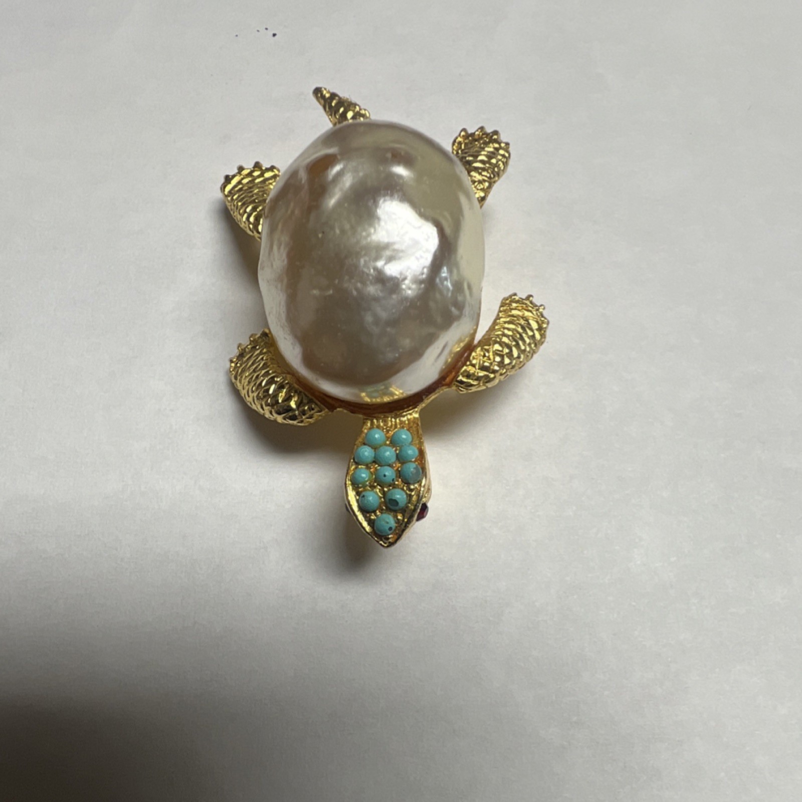 Vintage Signed R. Mandle Turtle Brooch Large Baroque Pearl Gold Tone Turquoise