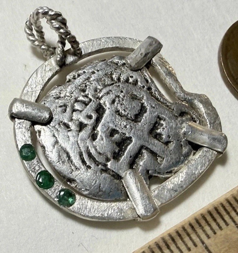 Authentic Spanish-Colonial 2-Reales Silver Shipwreck Cob Coin in Emerald Bezel