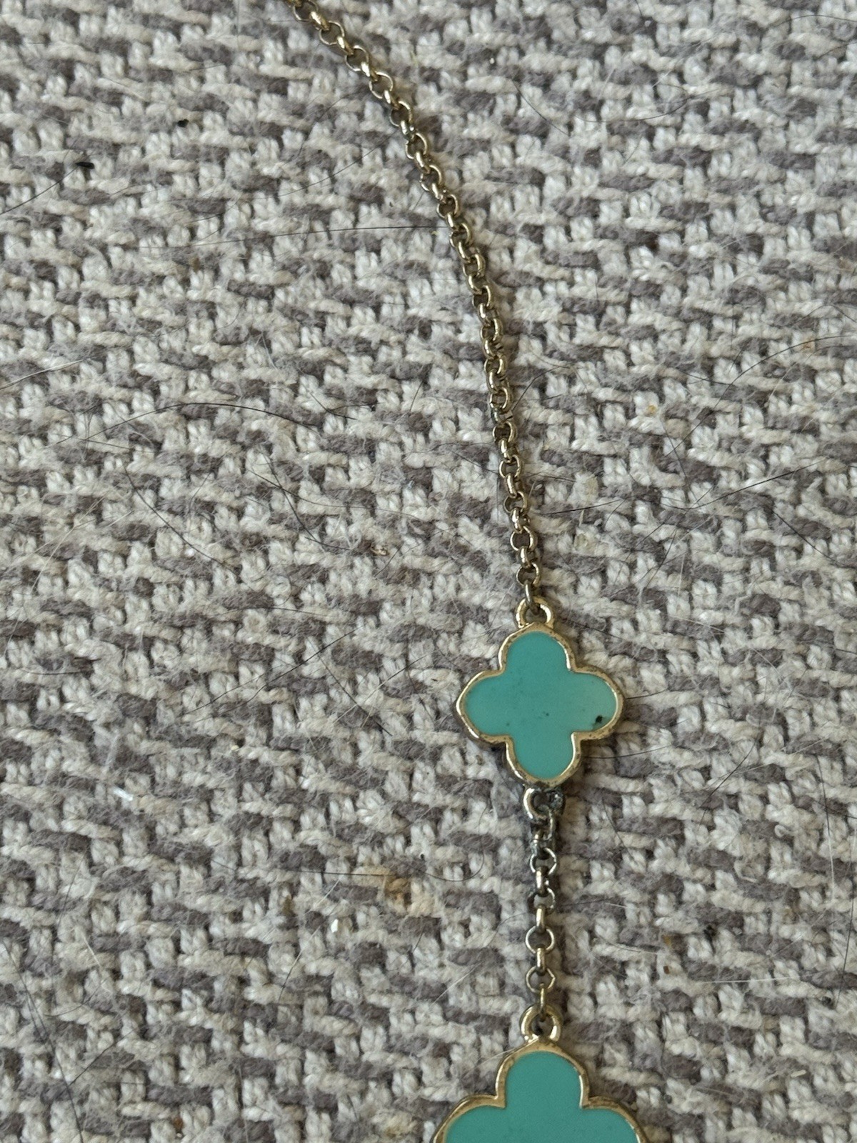 Vintage Gold Tone Metal and Turquoise Enamel Clover Leaf Shaped 38” Necklace