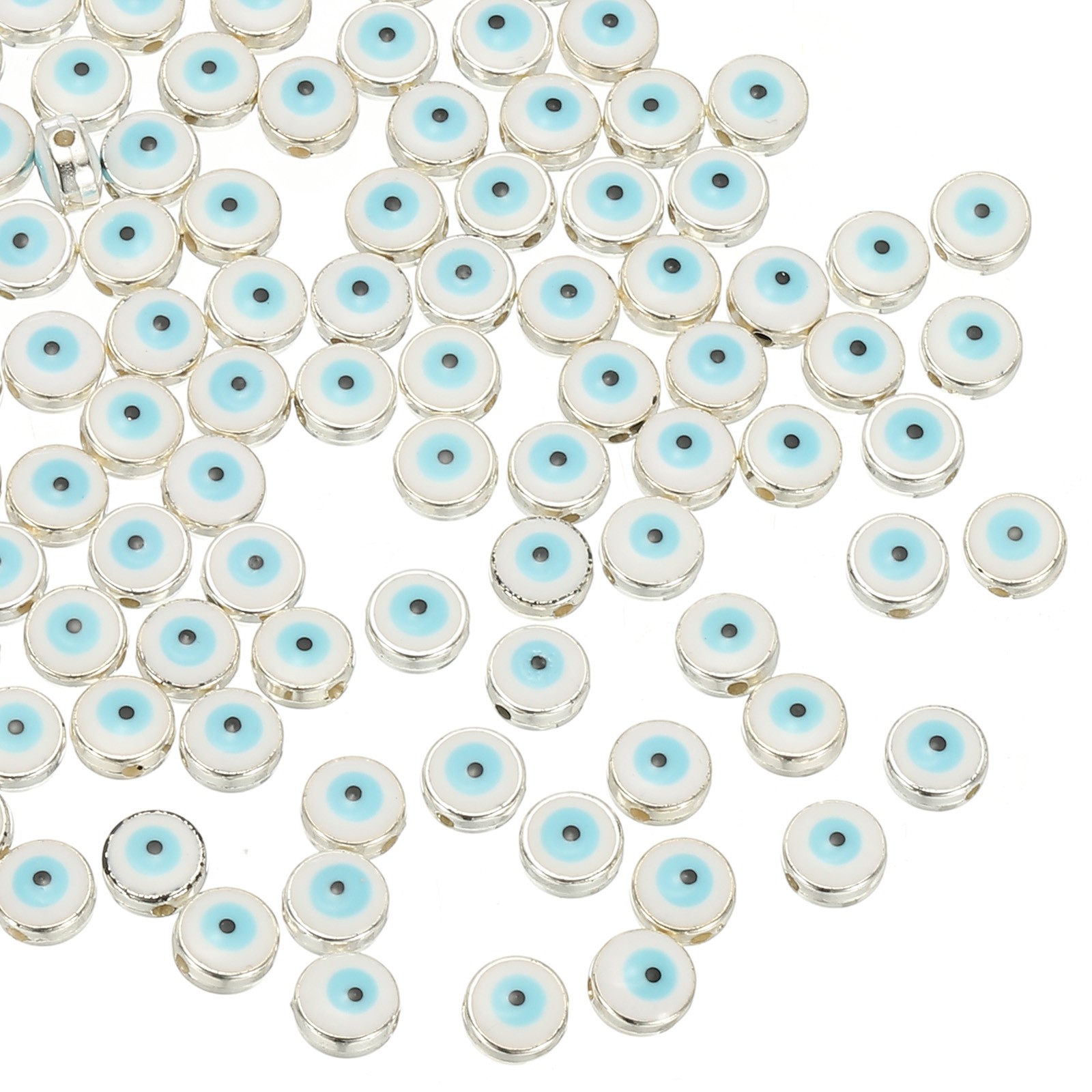 100 Pcs 8mm Flat Round Evil Eye Beads with Silver Edge, White