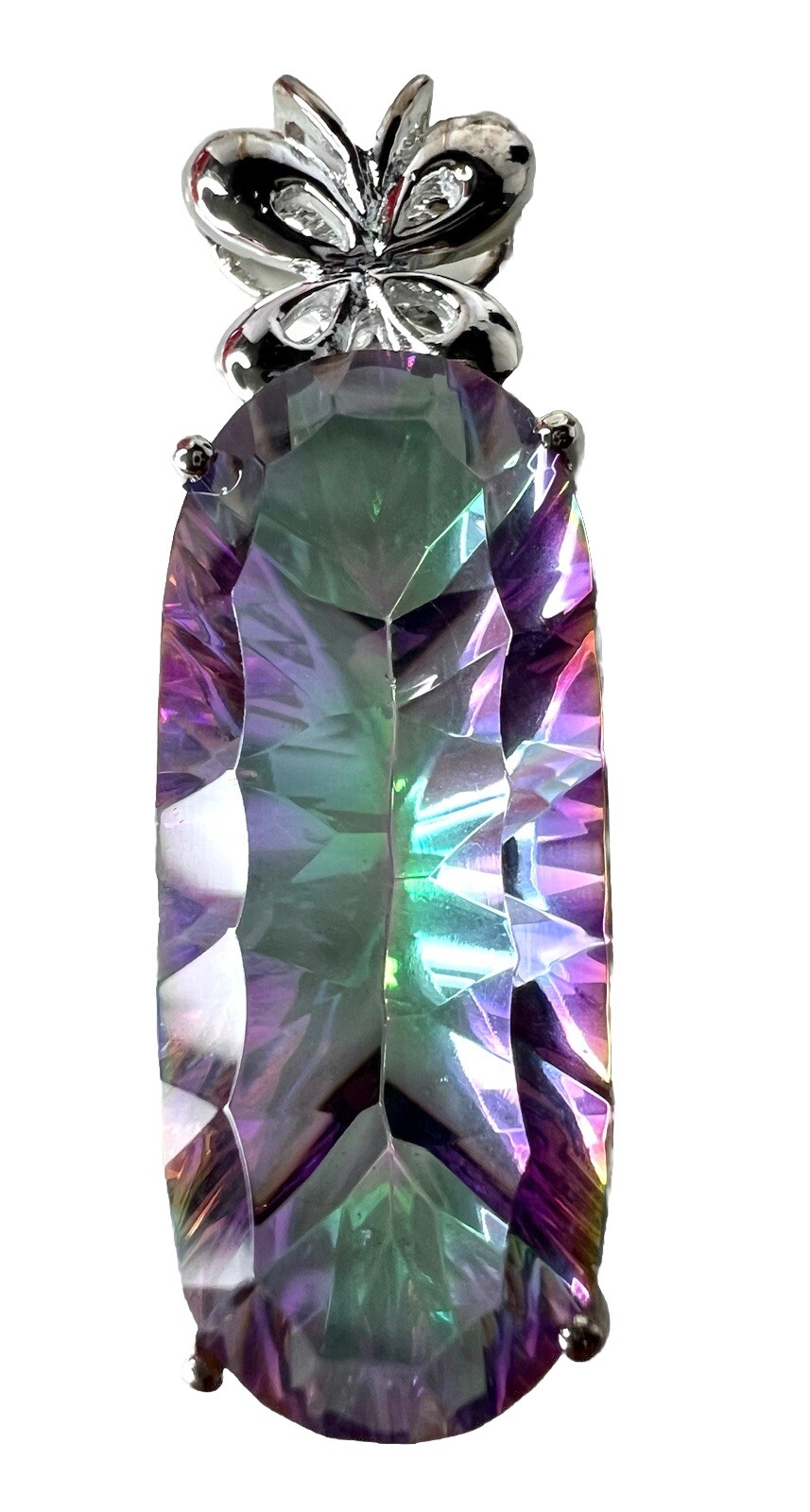 STERLING SILVER 925 Mystic Topaz Oblong Pendant Butterfly 1.5” L Purple Green