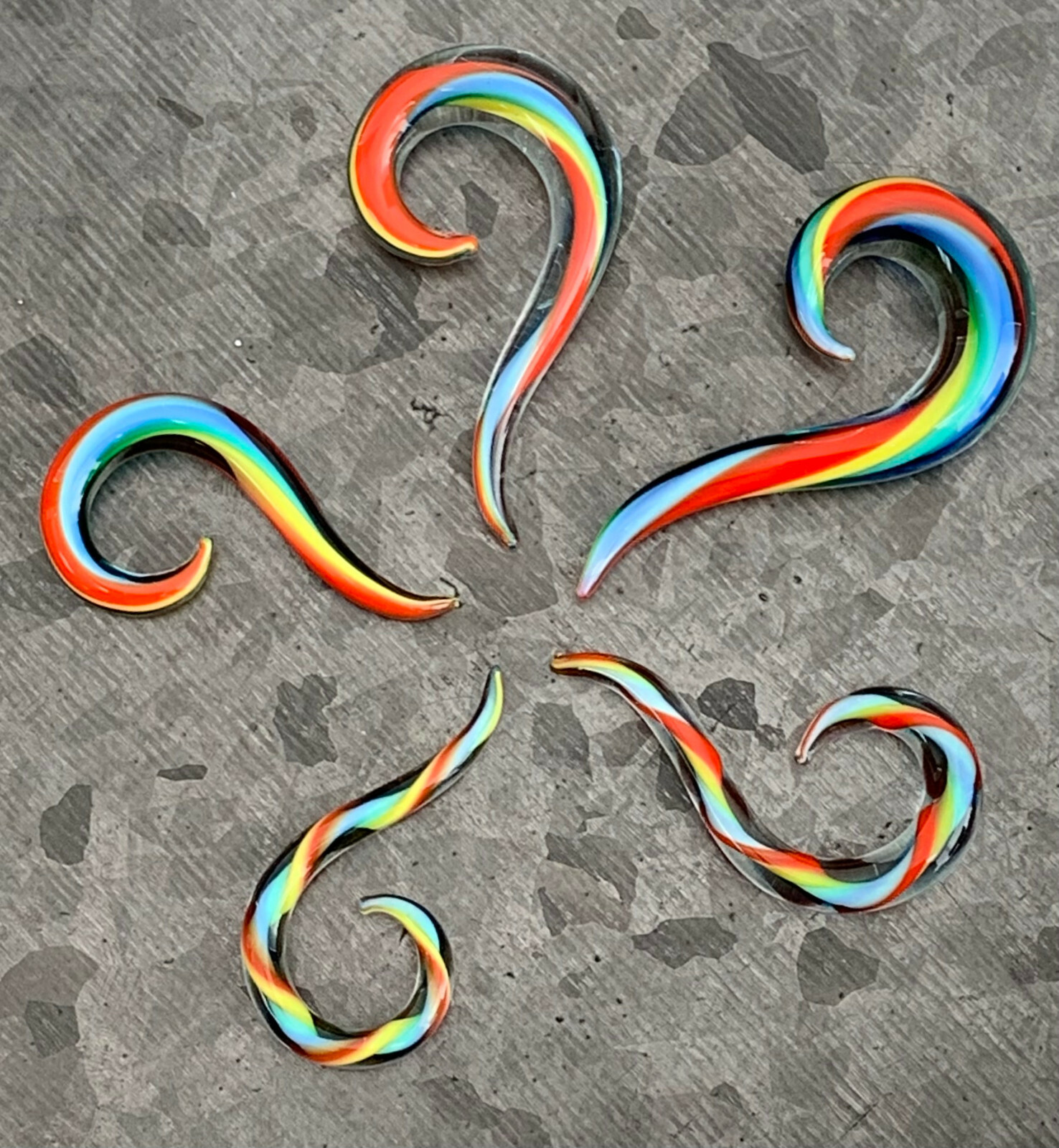 PAIR Rainbow Glass Spiral Hanging Tapers Expanders Plugs Gauges Body Jewelry