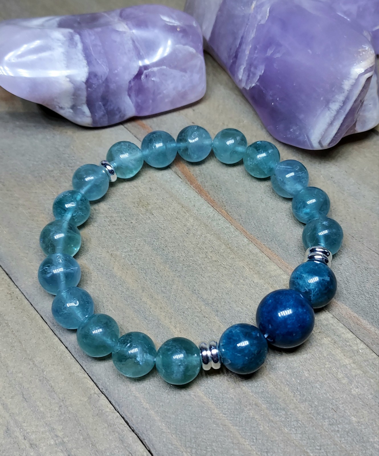 Blue Fluorite Bracelet With Blue Apatite, One Of A Kind Crystal Healing, 6.50″