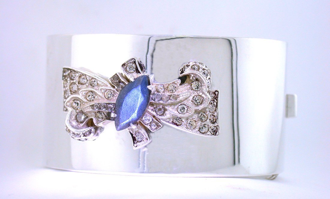 8″ Custom 1 1/4 Inch Wide Hindged CZ Labradorite Cuff Bow Sterling Bracelet