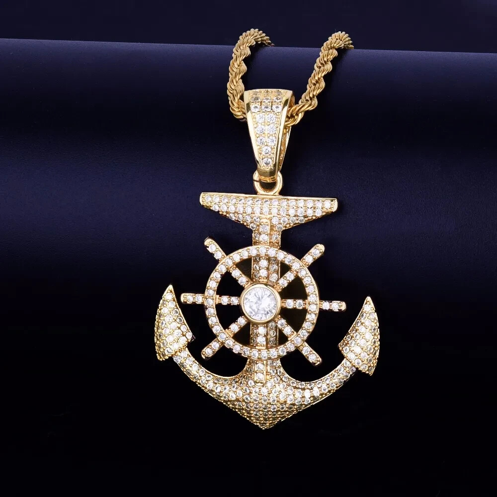 2 Ct Round Natural Moissanite ANCHOR AND RUDDER Pendant 14K Yellow Gold Plated