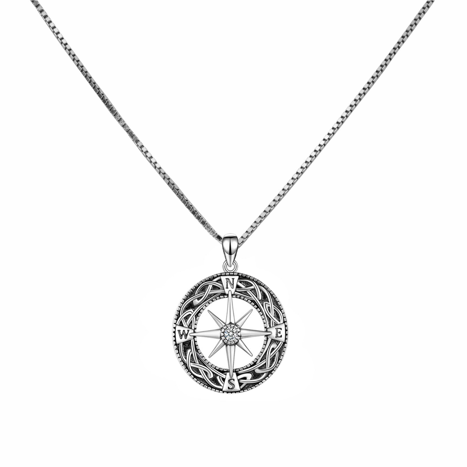 Venetian Chain Necklace Pendant Compass Zircon 925 Sterling Silver Ladies/Mr