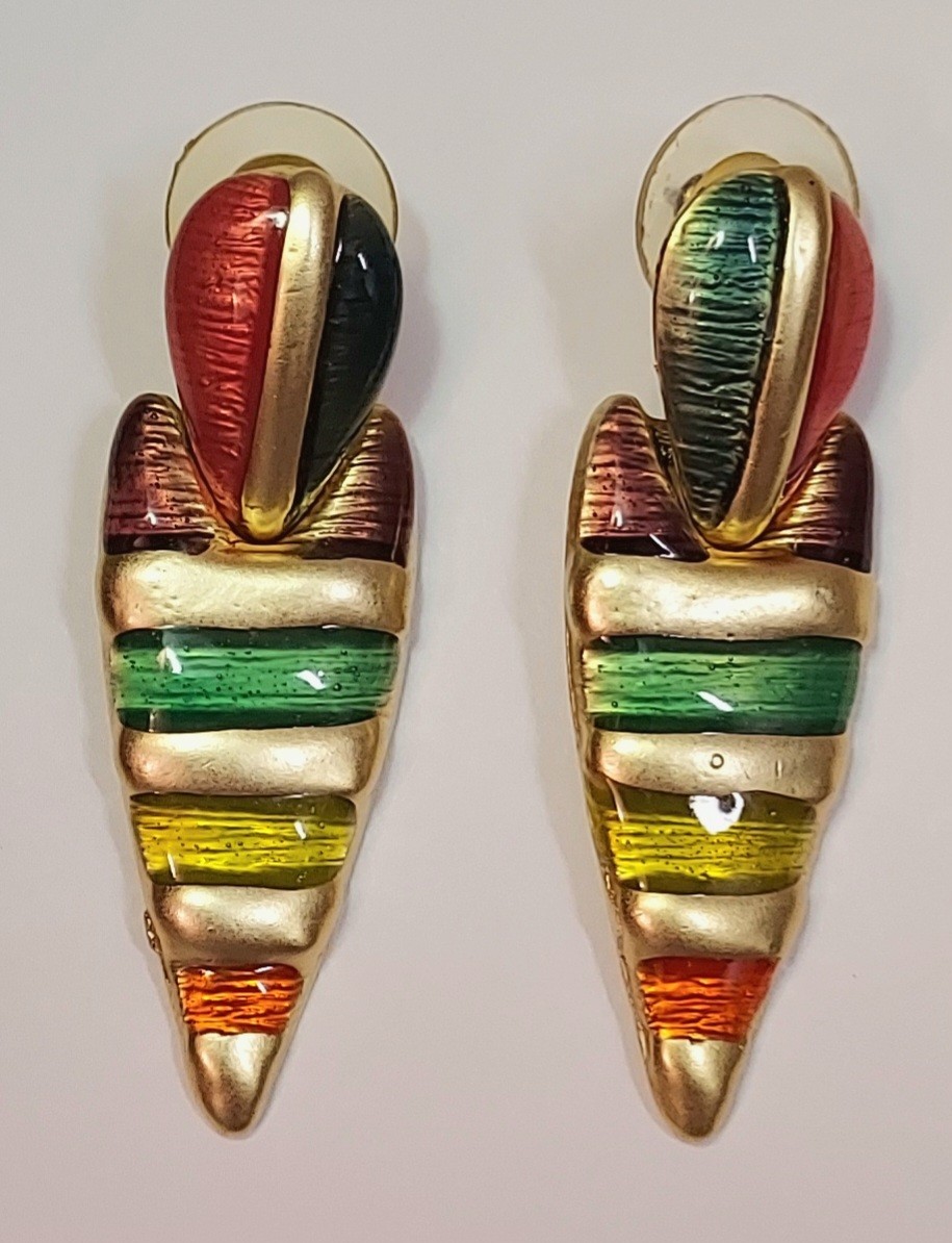 Don Lin Enamel Earrings Vintage Pierced Matte Gold Tone Boho Signed