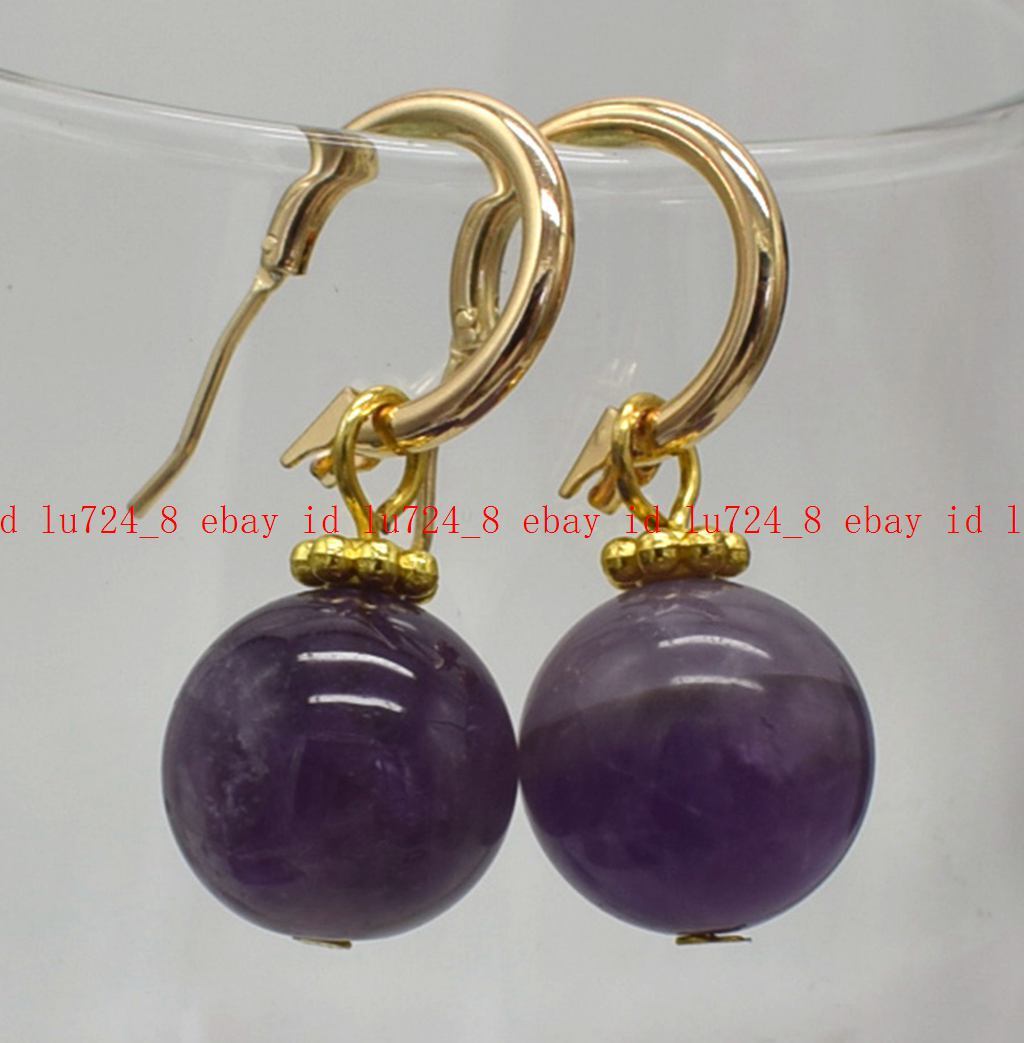 Genuine Noblest 14mm Amethyst Round Purple Gemstone Beads Leveback Earrings