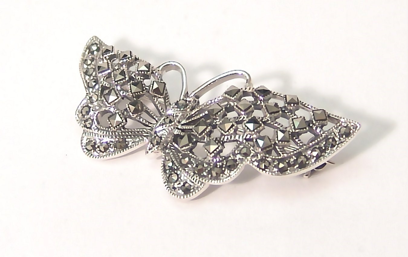 Butterfly Brooch Pin Sterling Silver Oxidized Marcasite 8.8 grams