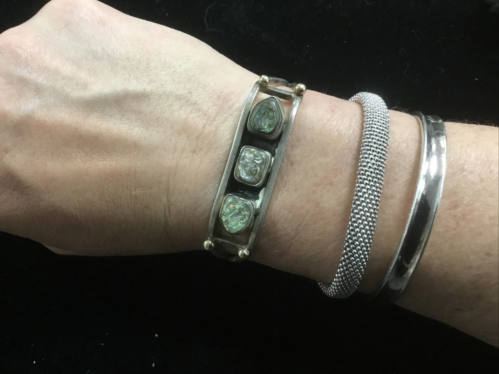 925 Sterling Silver Abalone Inlay Stones Cuff Bracelet 20.1 grams Hand Signed