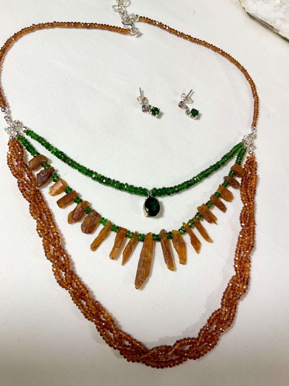 SS .925 SPESSARTINE KYANITE CHROME DIOPSIDE 3 STRAND NECKLACE EARRINGS