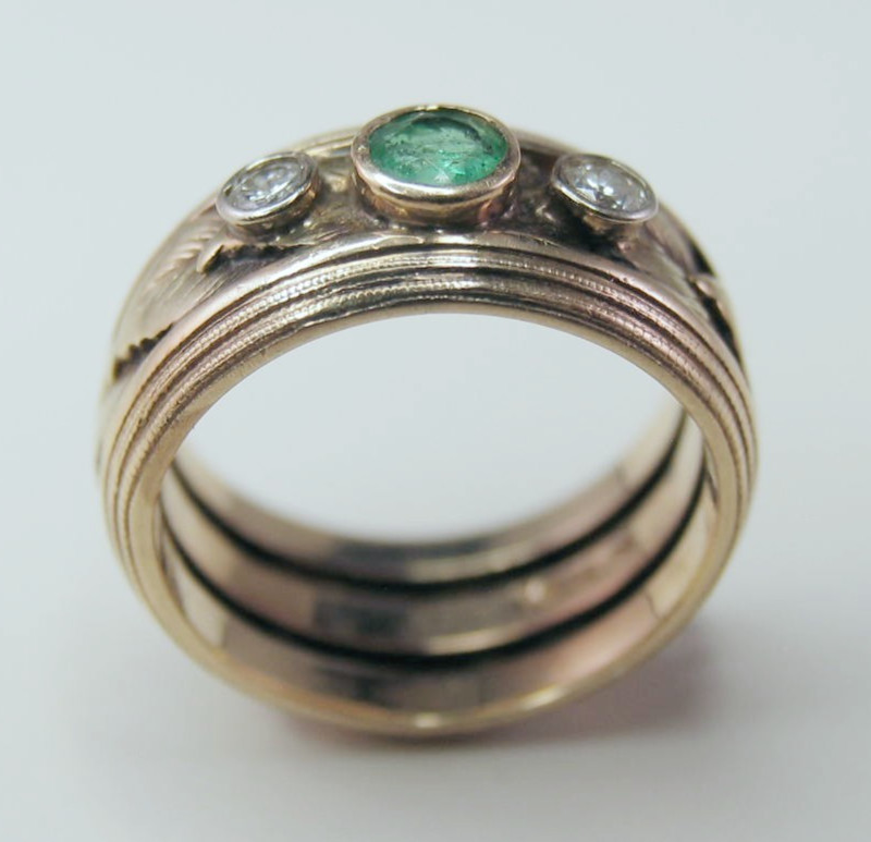 Vintage 14k Gold 1 Emerald 2 Diamond Leaf Die-Struck Size 4.5 Ring 6.7g HEAVY!