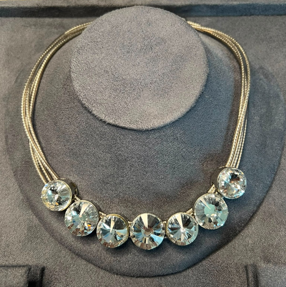 Statement Crystal Rivière Necklace Silver Tone Multi Strand Chain Clear Round St