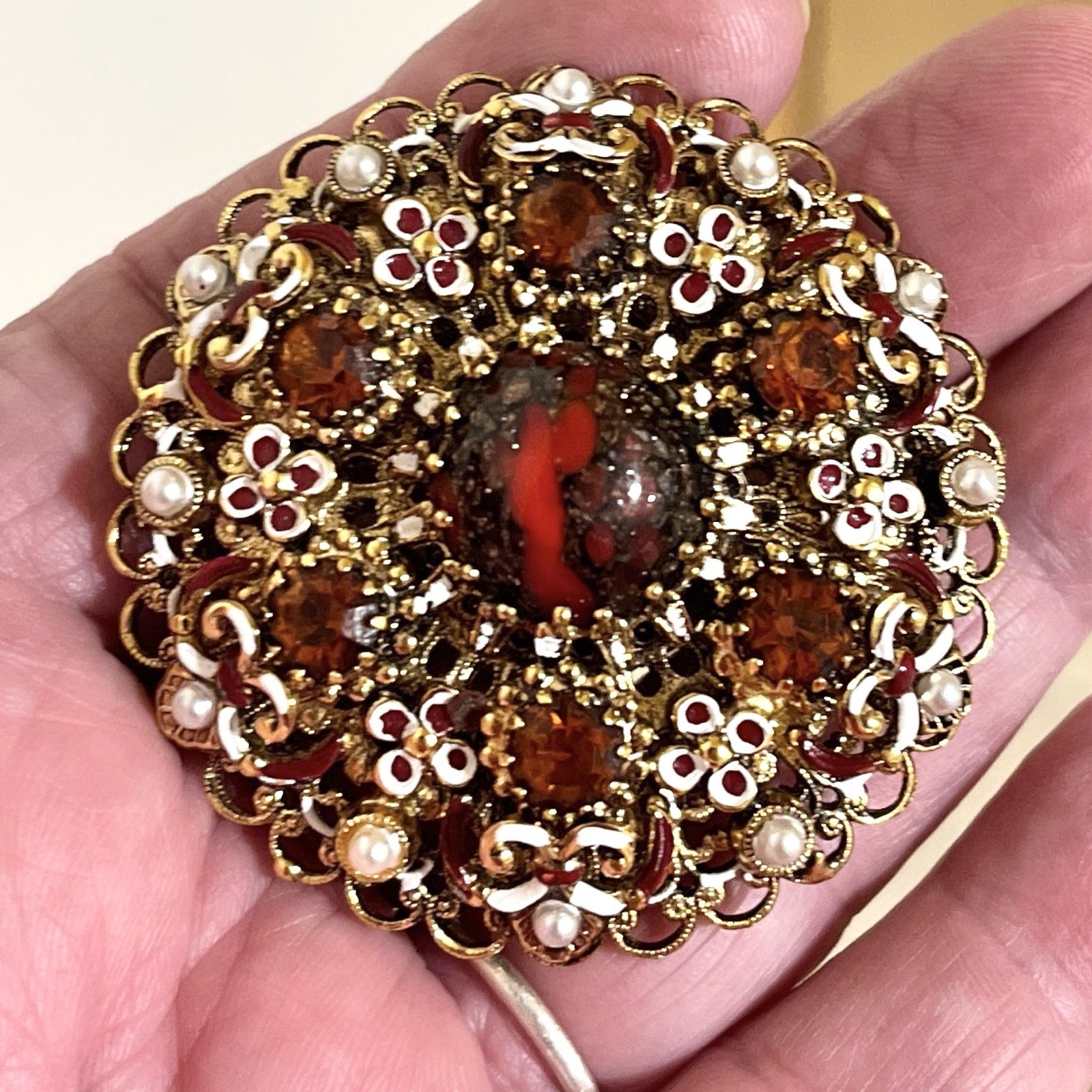 Vintage Brooch Signed Made in Austria Rhinestone Filigree Enameled 1960s
