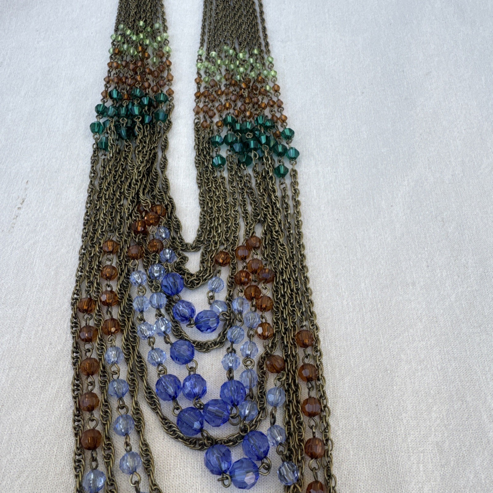 Vintage Layered Beaded Necklace Boho Blue Green Glass Multi Strand Bronze Tone