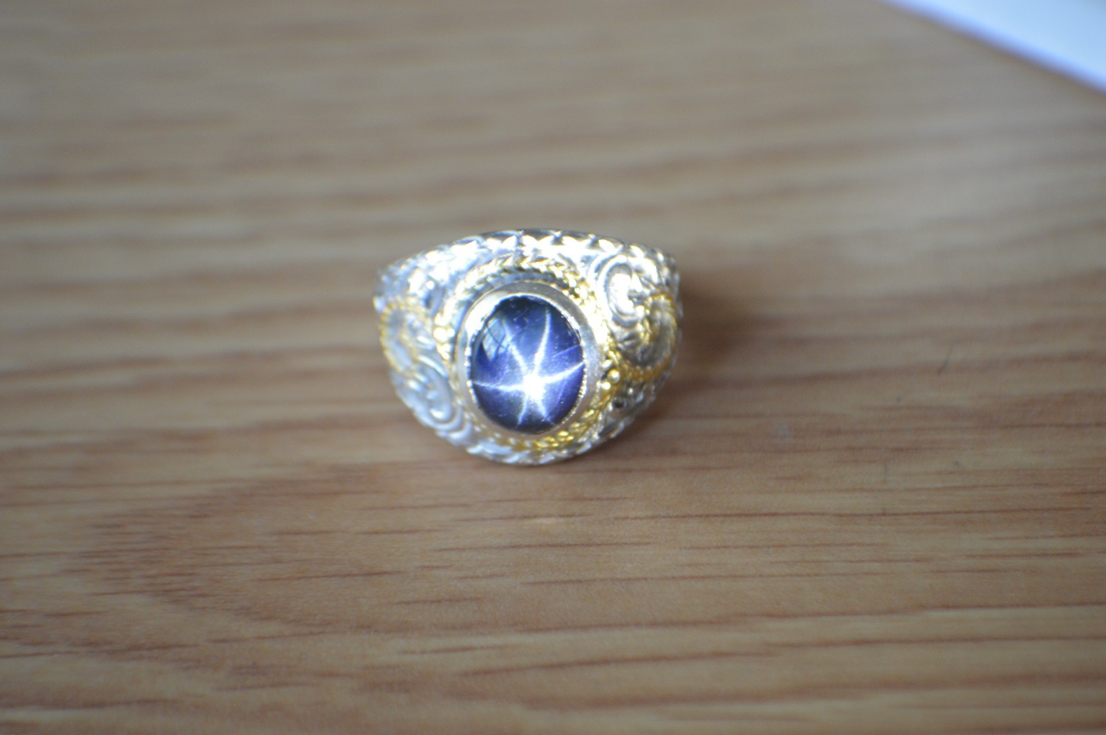 4.65ct Blue Star Sapphire Ring Rhodium & 18k YG Plated Over Fine Silver Size 7