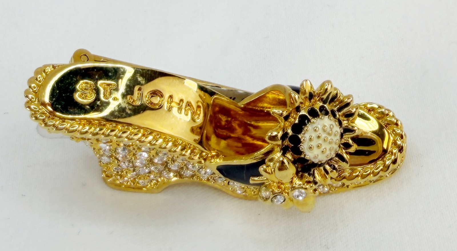 NWT ST. JOHN Shoe Brooch Wedge Pin Flower 24 KGP Black Multicolor Swarovski