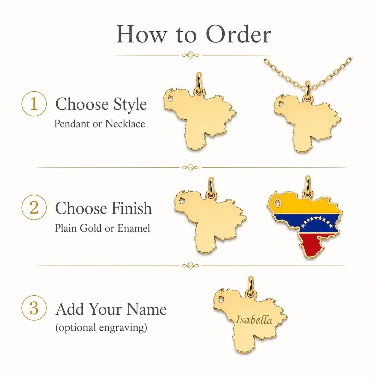 Venezuela Map Pendant Necklace 14k Solid Gold Plain or Enamel Charm