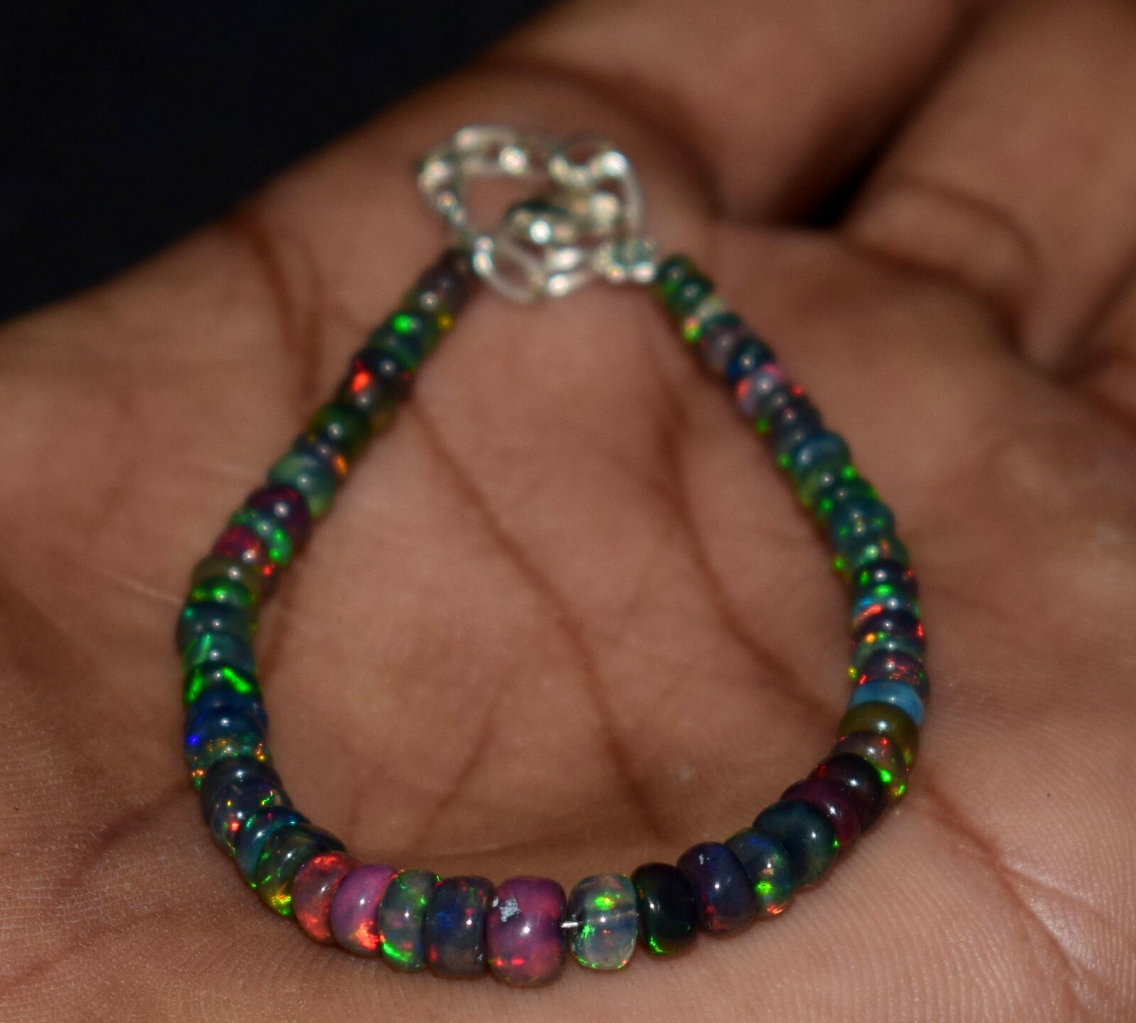 Solid 925 Sterling Silver Natural Ethiopian Opal Gemstone Beads 7″Bracelet F0362