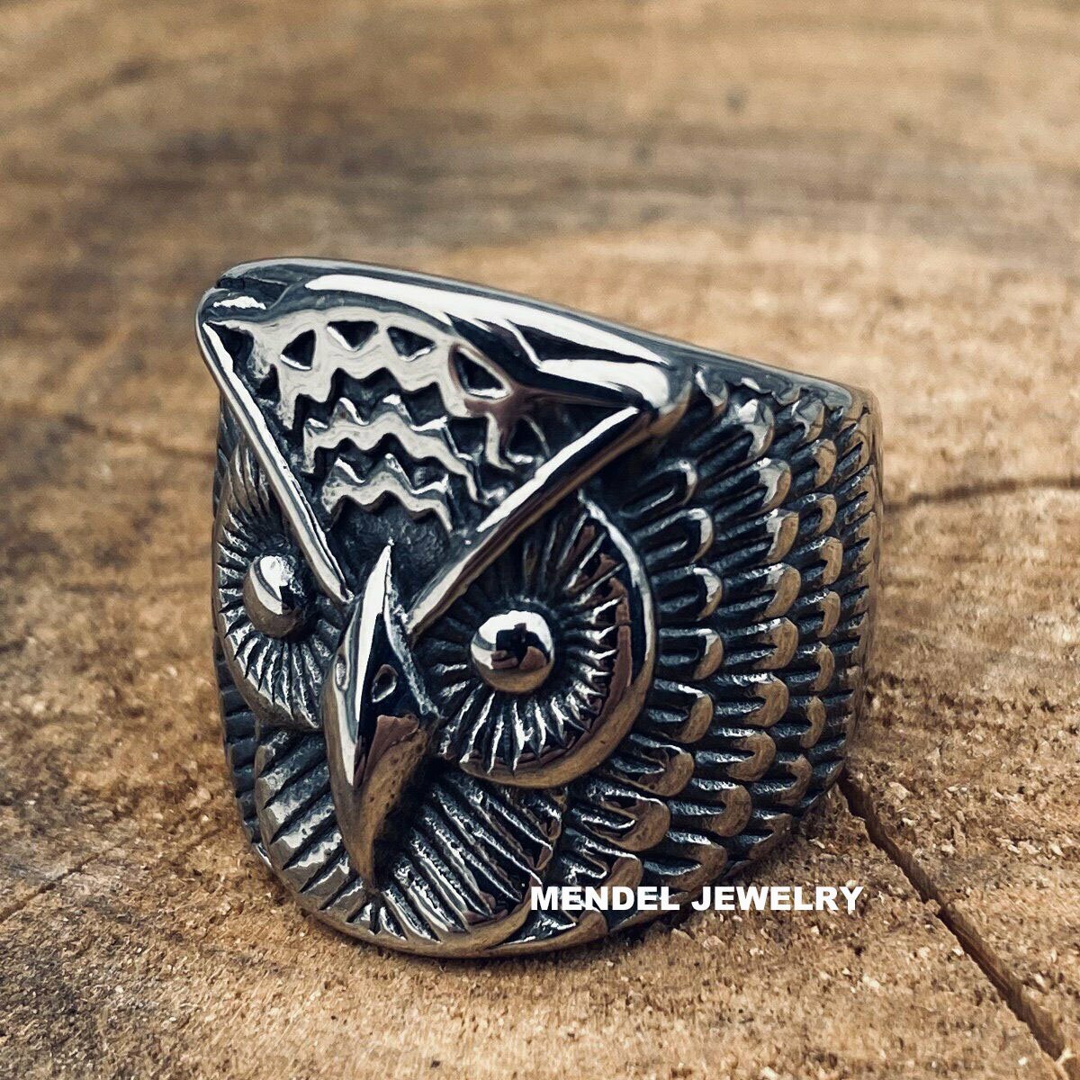 MENDEL Mens Stainless Steel Owl Bird Wide Band Ring For Men Jewelry Size 7-15