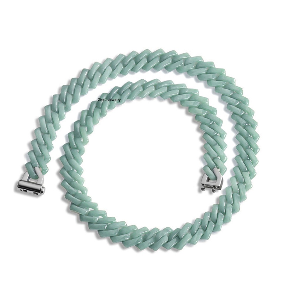 Natural Blue Water Jadeite Cuban Link Chain Necklace -Authentic Gemstone Jewelry