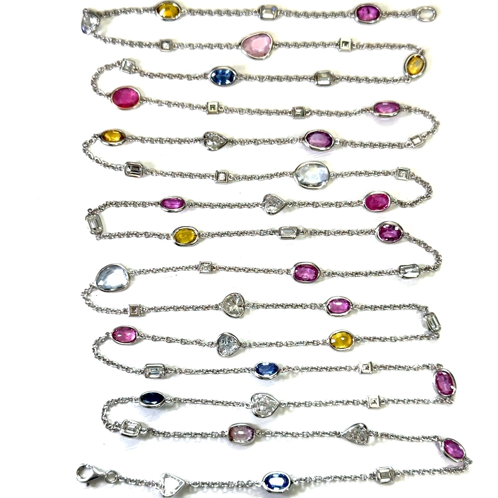 18K White Gold Fancy Cut Natural Diamonds & Multicolor Sapphire Necklace 64″