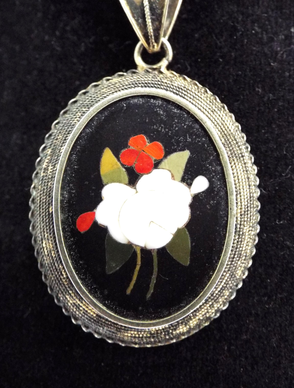 Antique Italian Pietra Dura Inlaid Mosaic 2 Sided Pendant Sterling Silver 12.1g