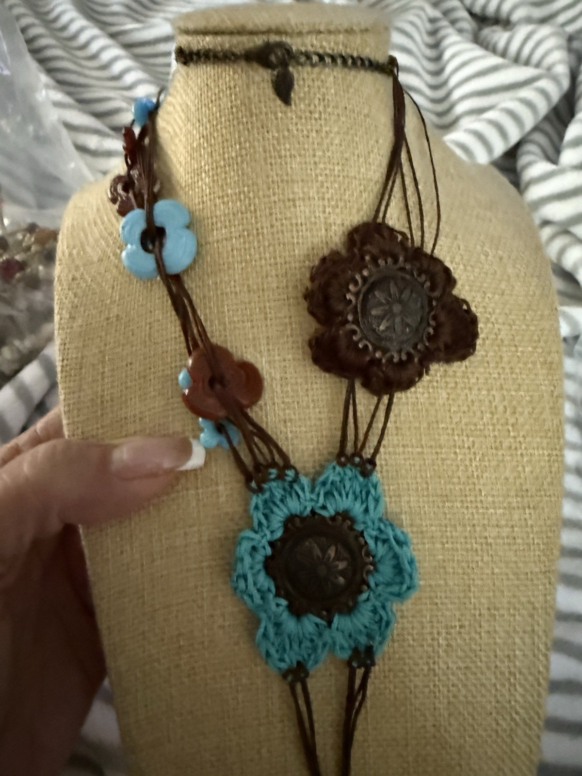 Brown & Blue Bohemian Cord Necklace Flower Charm Pendant lobster clasp Closure