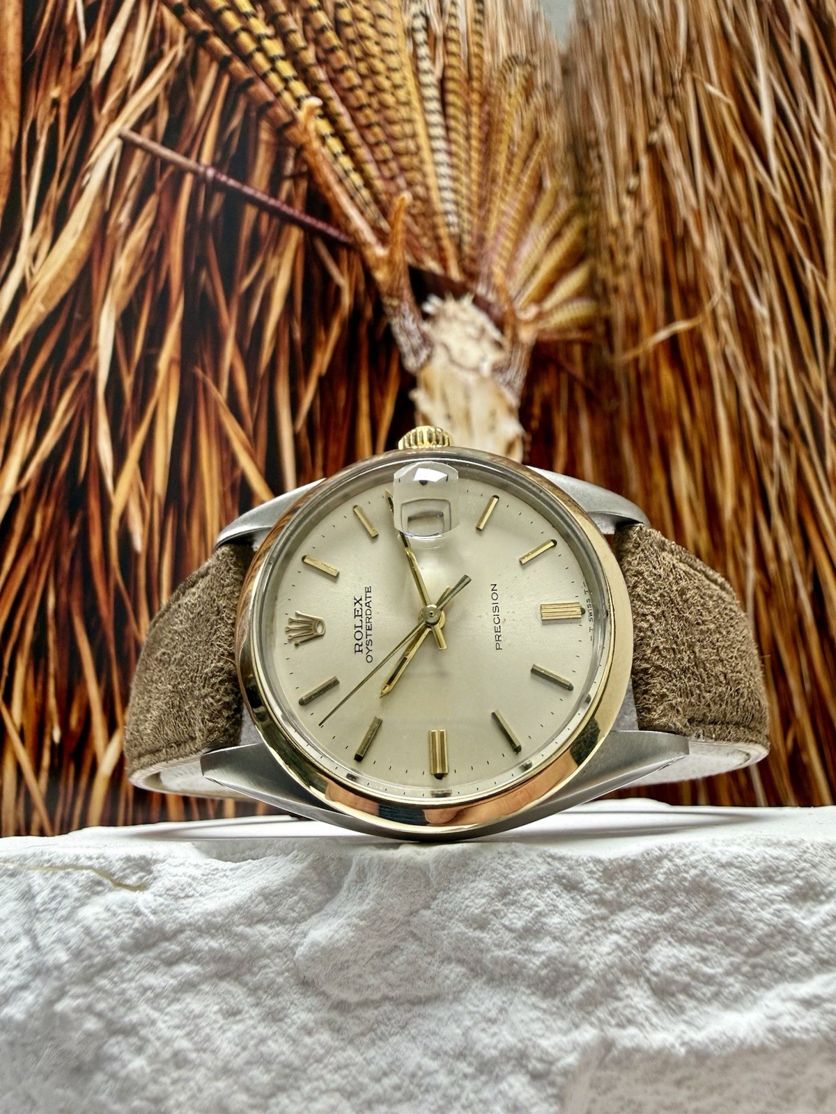 Mens Rolex Oysterdate Precision Stainless Steel Gold Silver Dial 34mm Watch 6694