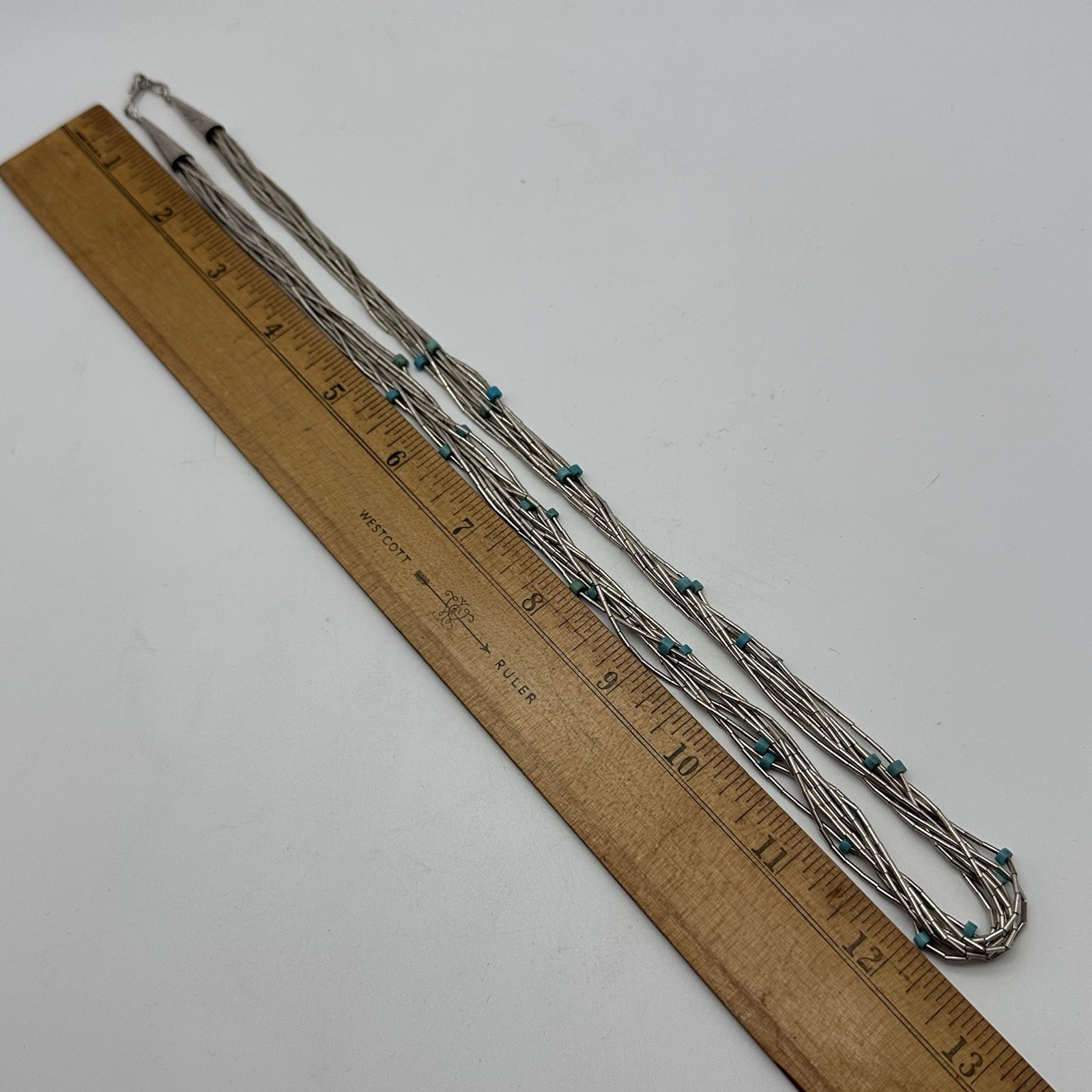 Liquid Sterling Silver & Turquoise Native American Necklace 25”, 10 Strand Vintg