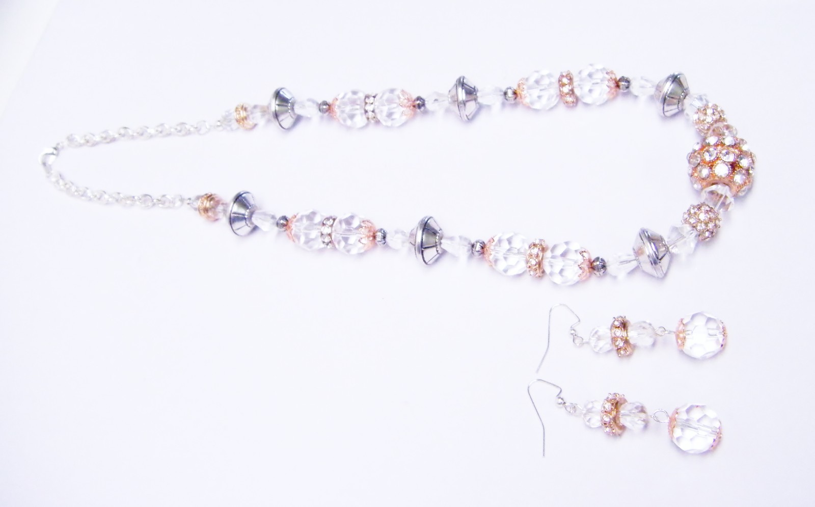 Rose Gold/Clear Glass/Silver Plated Beaded Necklace/Earrings Set
