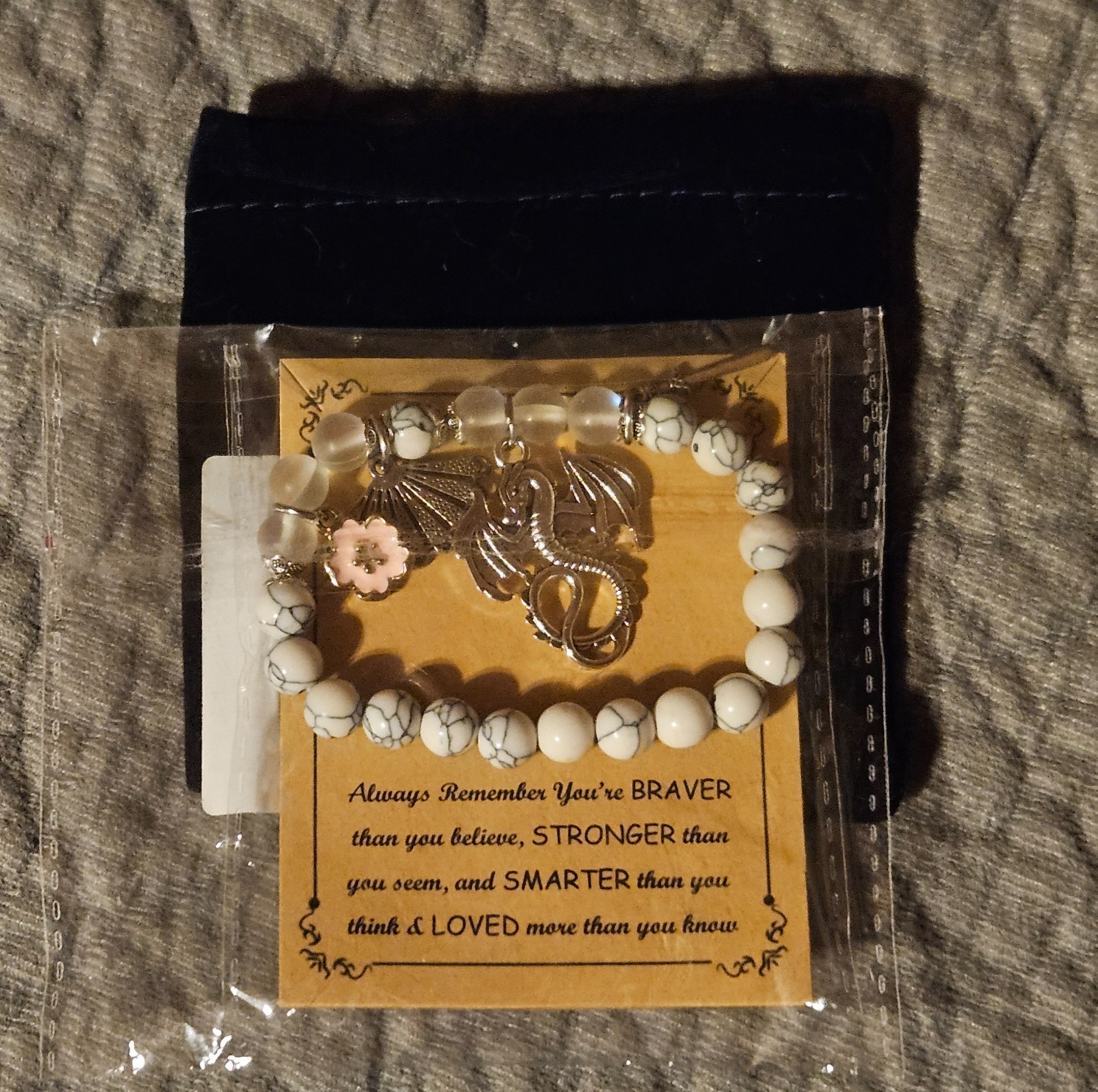 White Faux Howlite Dragon Charm Bracelet Inspirational Gift Velvet Pouch New