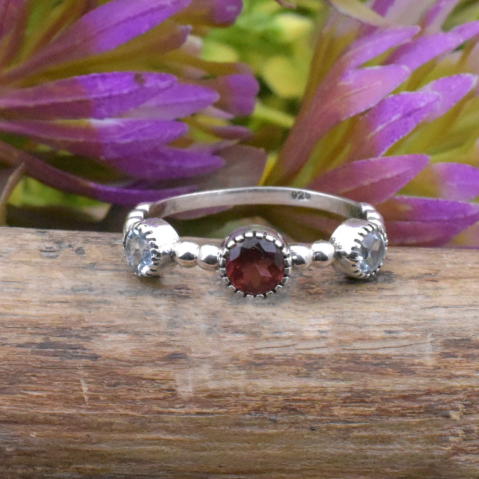 Natural Blue Topaz Garnet 925 Sterling Silver Boho Handmade Jewelry Ring