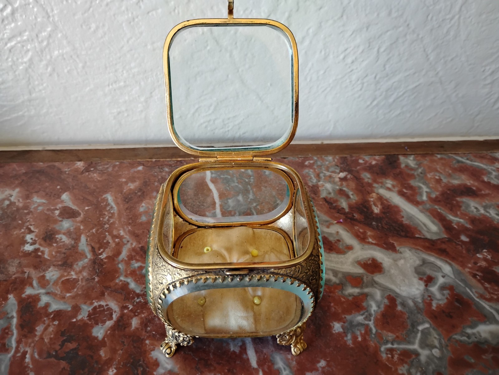 Antique French Beveled Glass and Ormolu Casket Jewelry Box Gold Floral