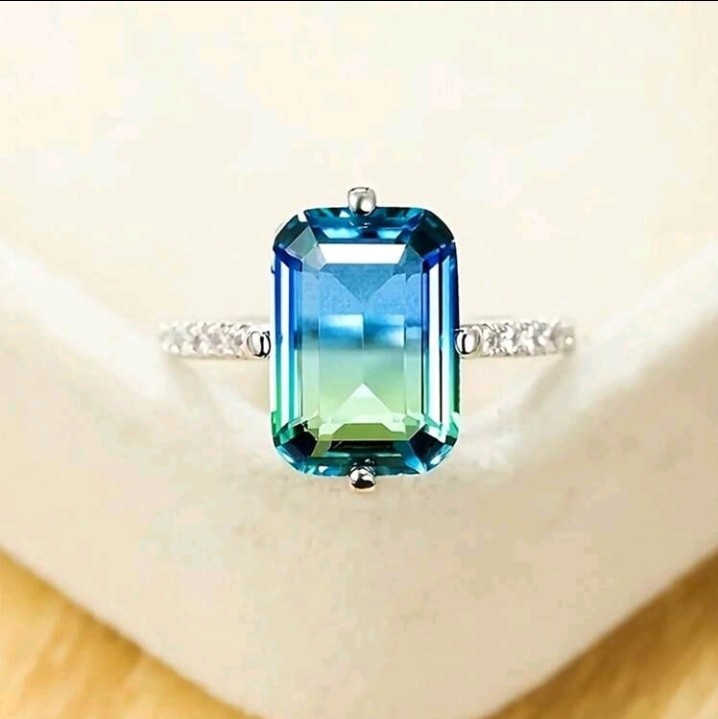 Silver-Plated Zinc Ring Size 7 Square-Shaped Blue & Green CZ