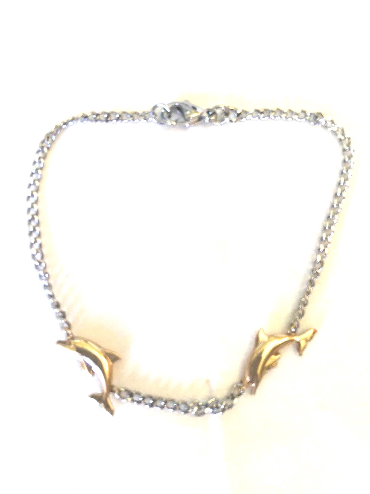 Women’s Polished Stainless Steel Link Bracelet Gold Plated Dolphins 7.5 Inches