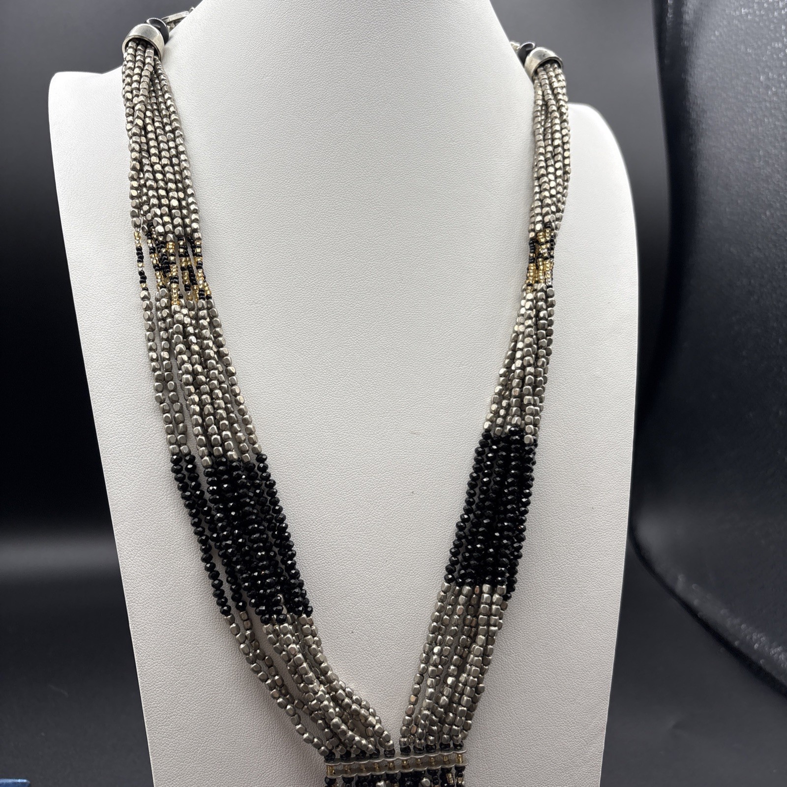Himalayan Gems Necklace Fringe Boho Flapper Vibe Black Silver Gold Beads 23”