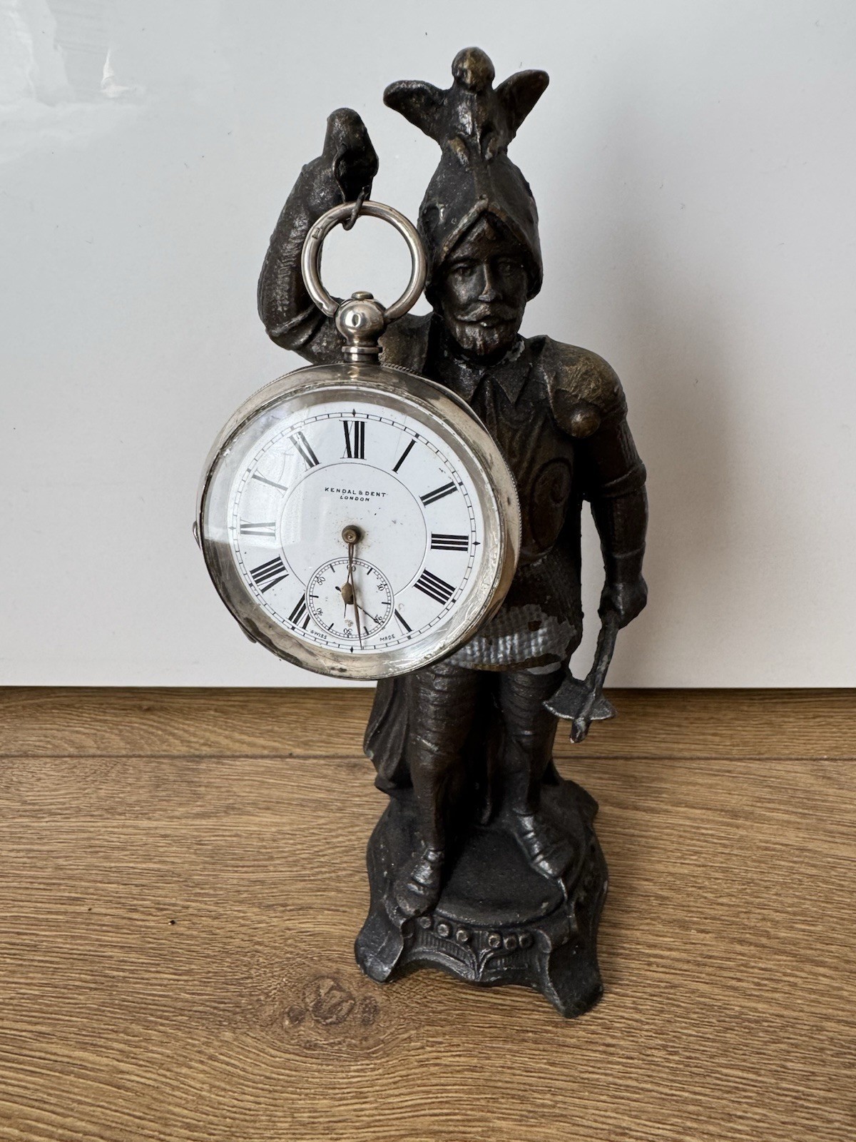 Antique Spelter Knight Armour Pocket Watch Display Stand Desk Figurine 190mm