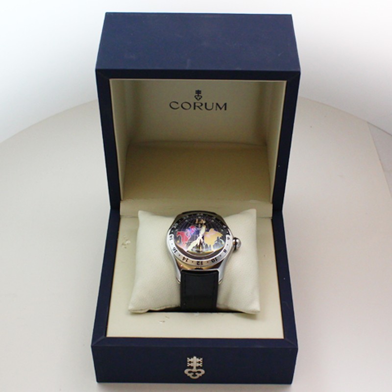 Corum Bubble GMT 383.250.20 45mm Black World Map Dial Wristwatch + Box & Cards