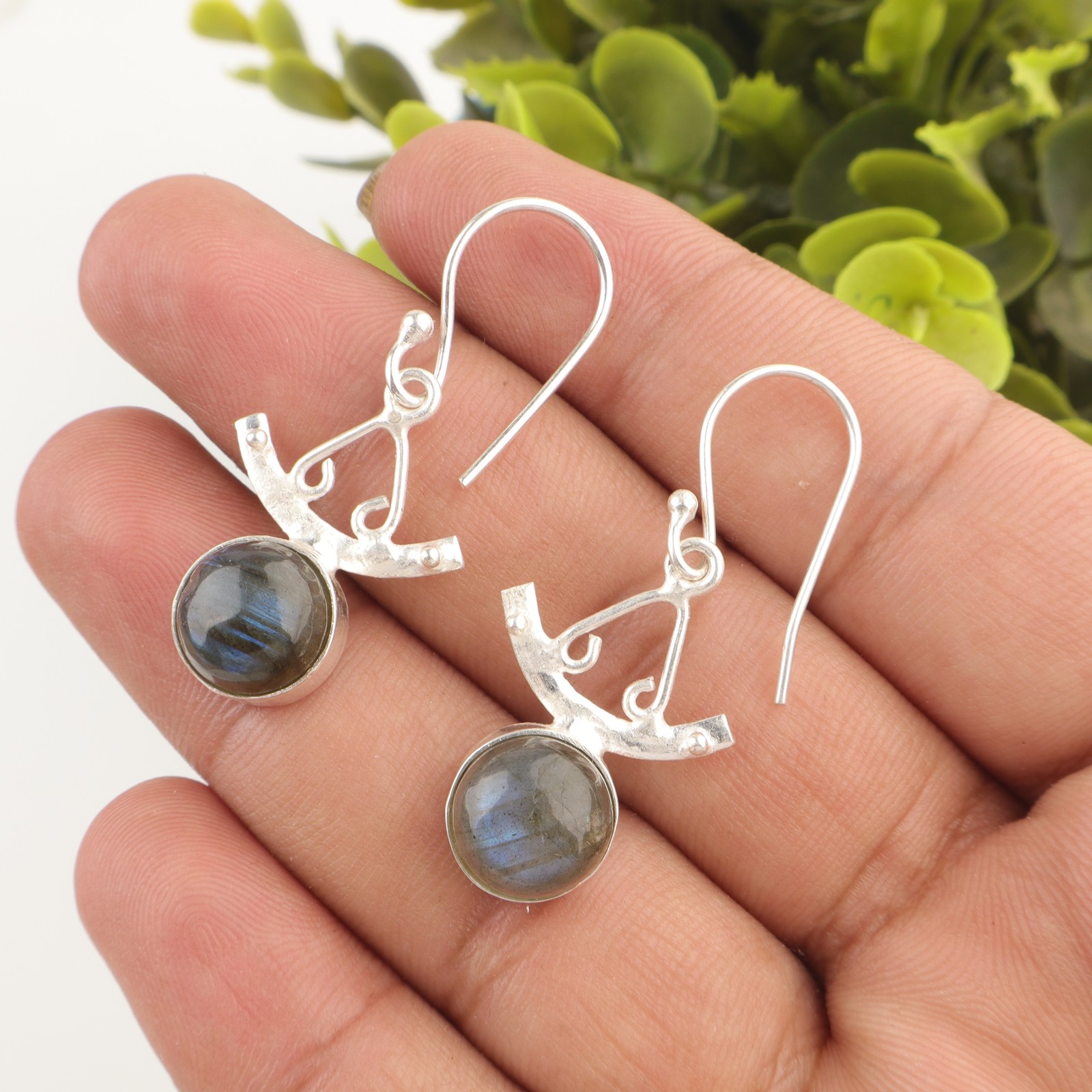 Round Third Eye Chakra Labradorite Stone Daughter Drop New Earrings 925 Silver
