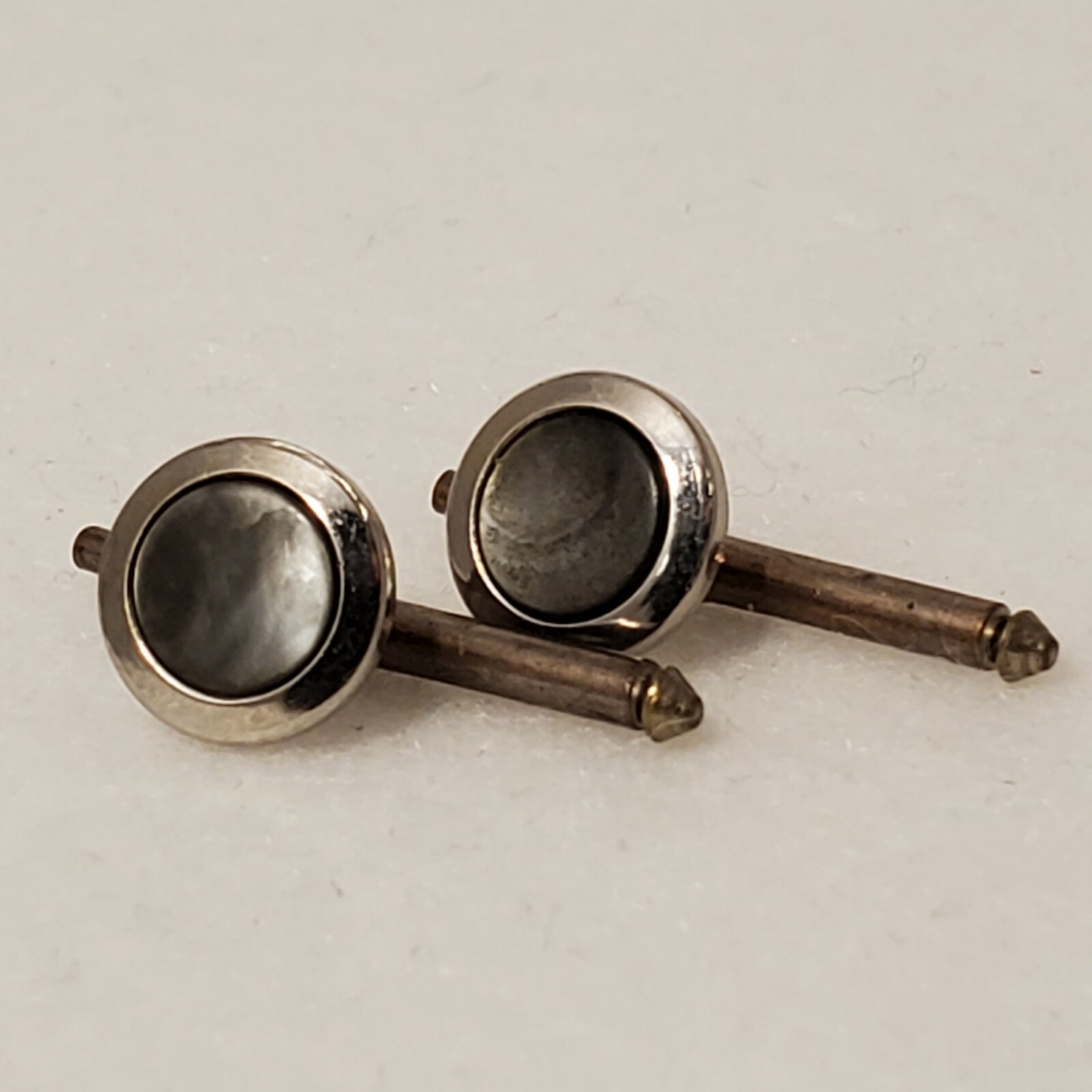 vtg cufflinks round pearlescent stone gray grey pull out pin about 1 inch long