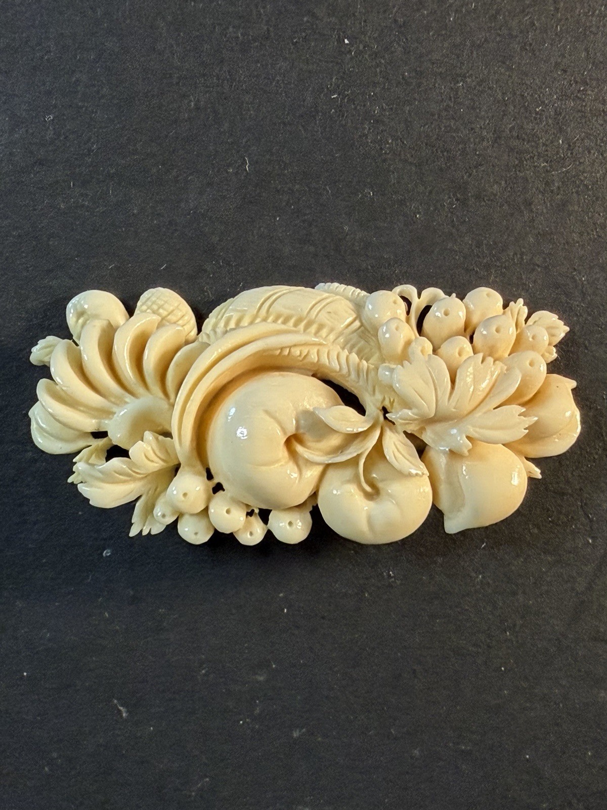 Vintage Hand Carved Cream Colored Celluloid Plastic Fruit Flower Brooch