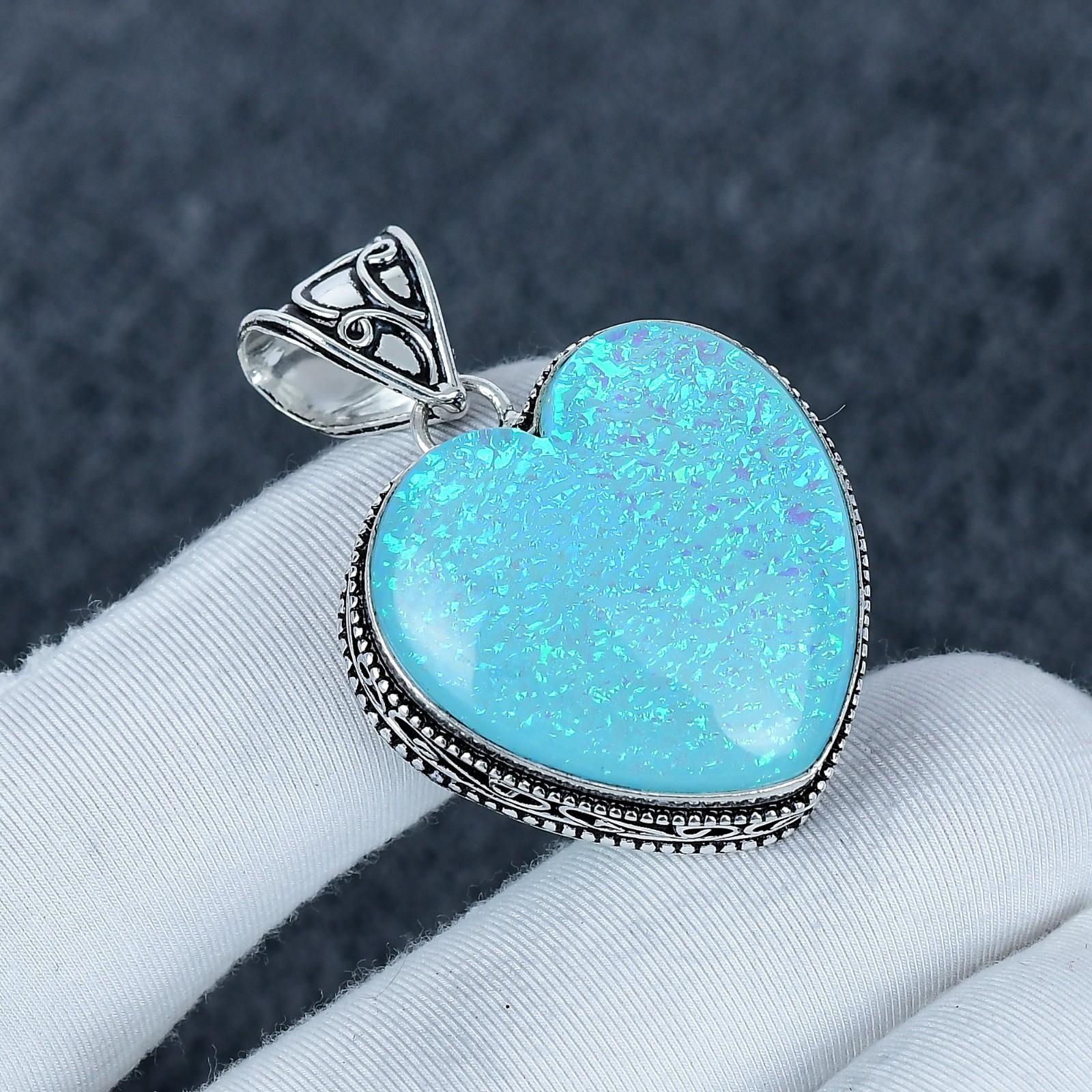 Blue Triplet Fire Opal Gemstone Handmade 925 Sterling Silver Pendant Gift