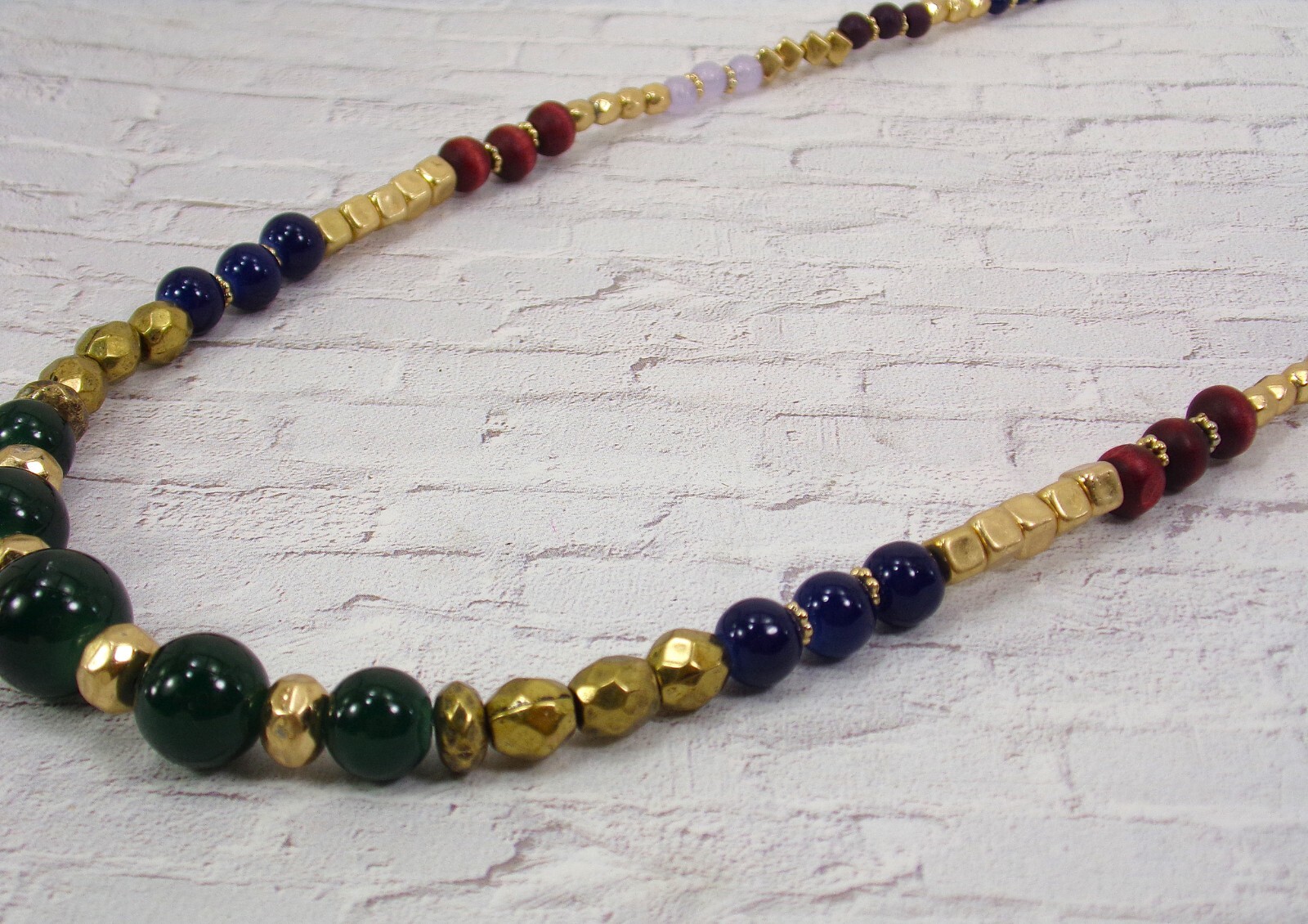 Multi color bead necklace with green, blue brown, gold glass and wood beads New