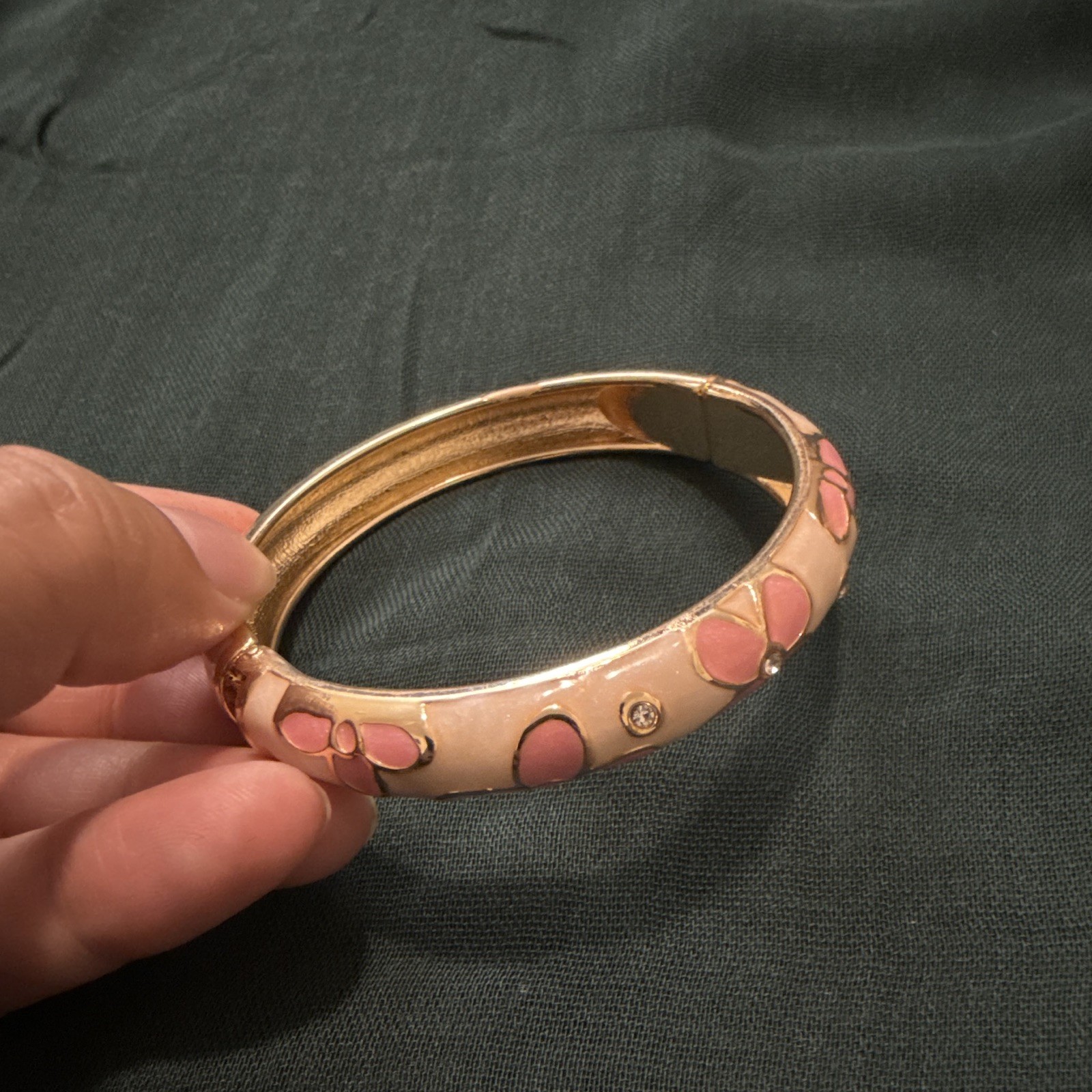 Pink Gold Enamel Flower Bangle Bracelet with Clear Round Crystal Accents