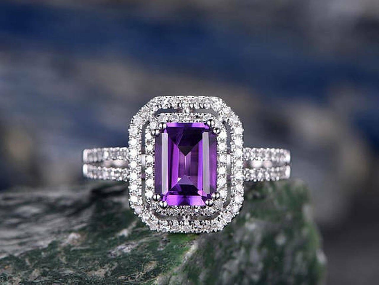 Lab-Created 2.80 Ct Emerald Cut Purple Diamond Wedding Ring 925 Sterling Silver
