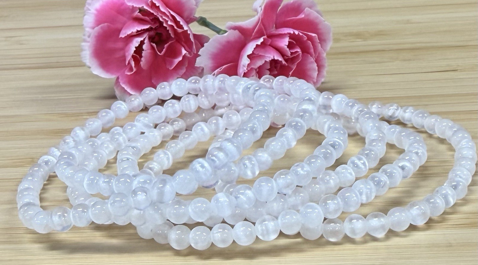 Wholesale 6 Pcs Natural Selenite (Satin Spar) 4mm Crystal Stretch Bracelet 7.5″