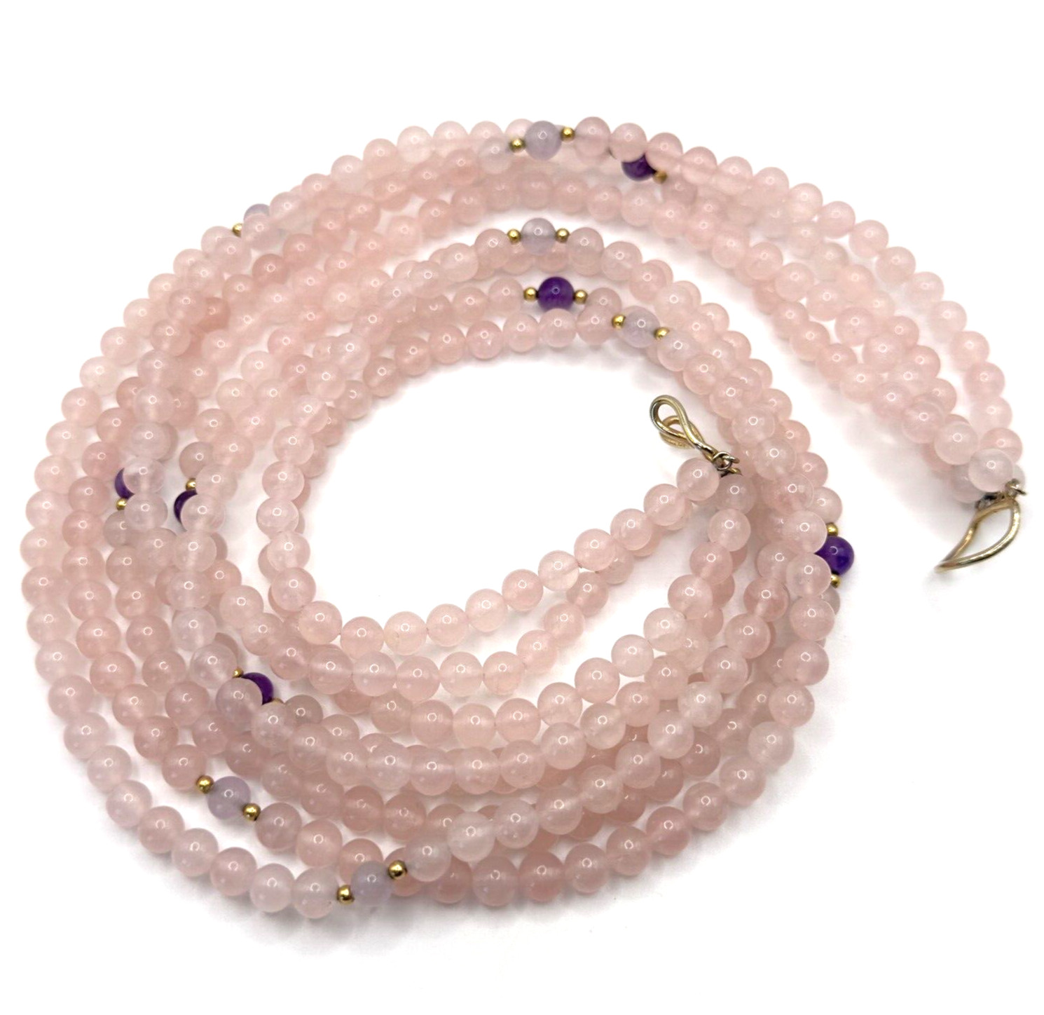 Rose Quartz Necklace with Amethyst & Gold Tone Spacer Accents 4 Strands & 24 In