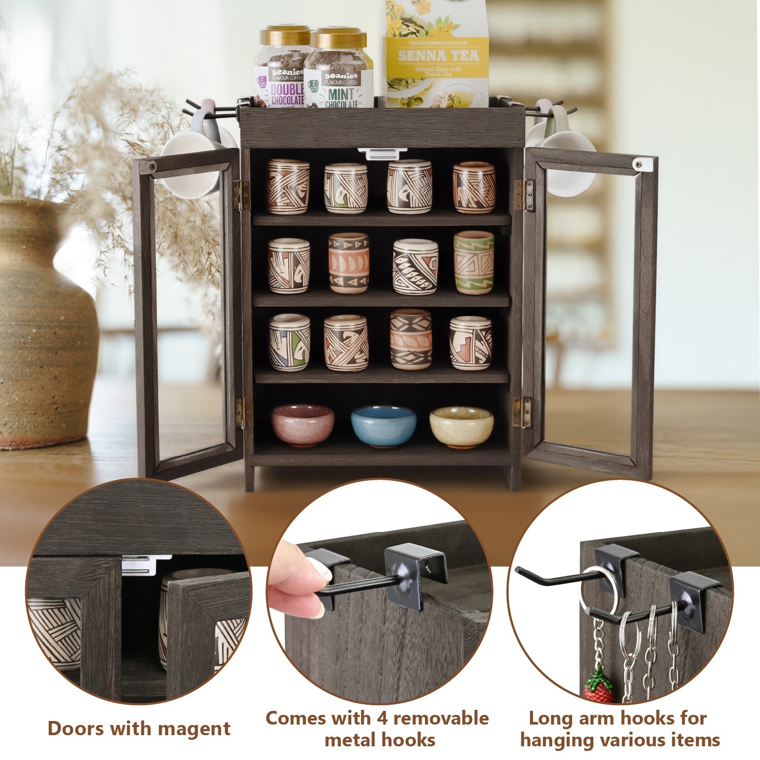 Neuxi Wooden Countertop Storage Cabinet Adjustable Shelves Dark Brown